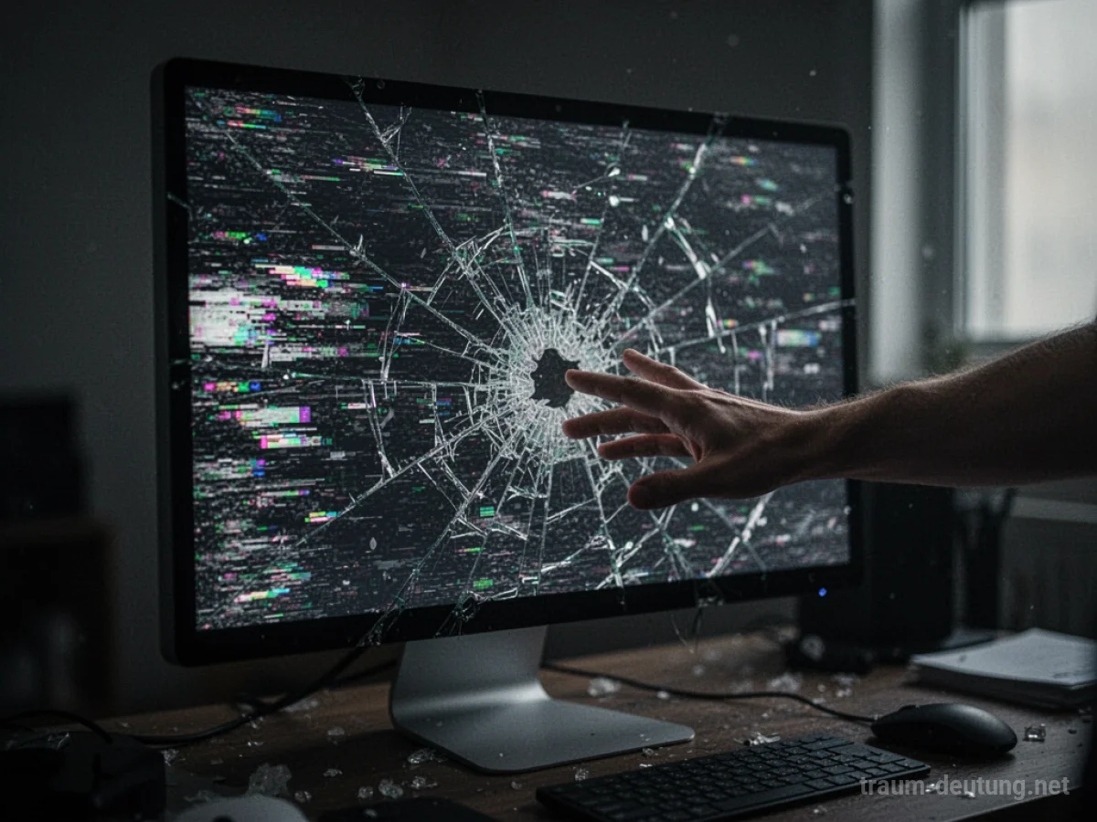 Ein kaputter Computerbildschirm mit flackernden Pixeln im Dunkeln.