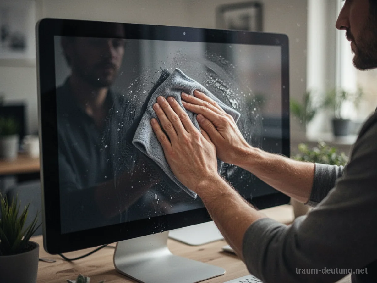 Hände putzen einen Computerbildschirm mit einem Tuch.
