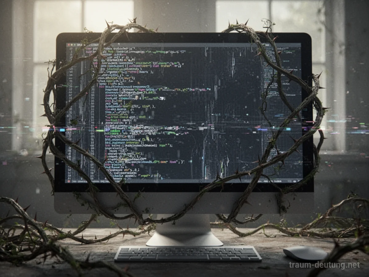 Computerbildschirm mit Viren-Symbol und fehlerhaften Daten