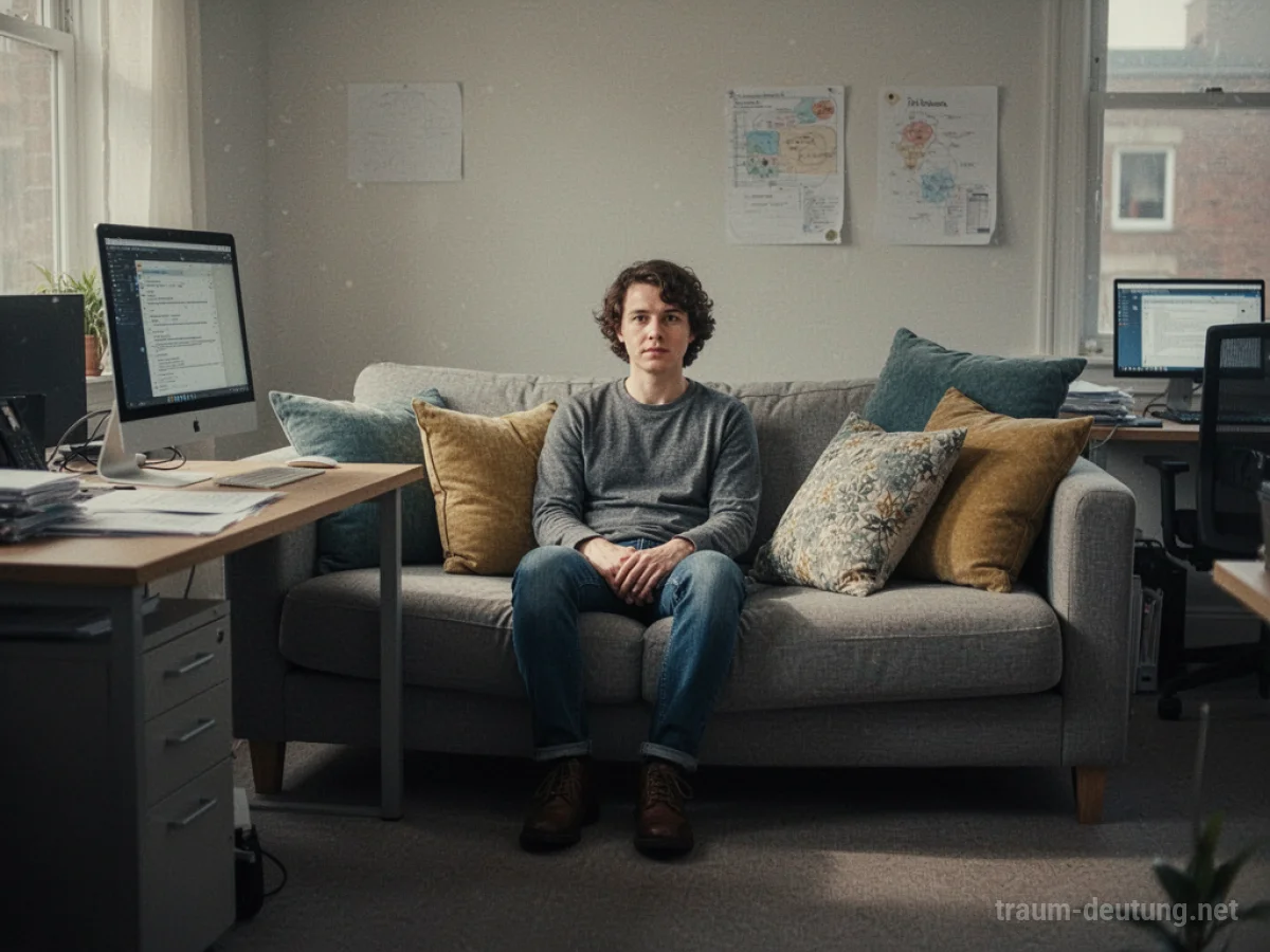 Couch, die als Büro genutzt wird, mit Schreibtisch und Computer