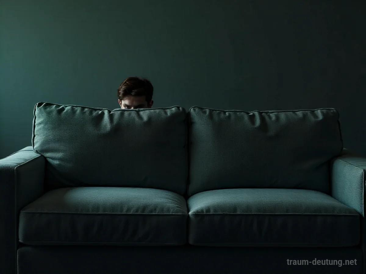 Person versteckt sich hinter einer Couch in einem dunklen Raum.