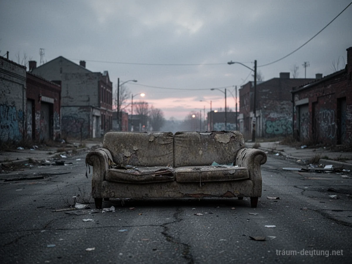 Eine einsame Couch steht auf einer leeren Straße im Zwielicht.