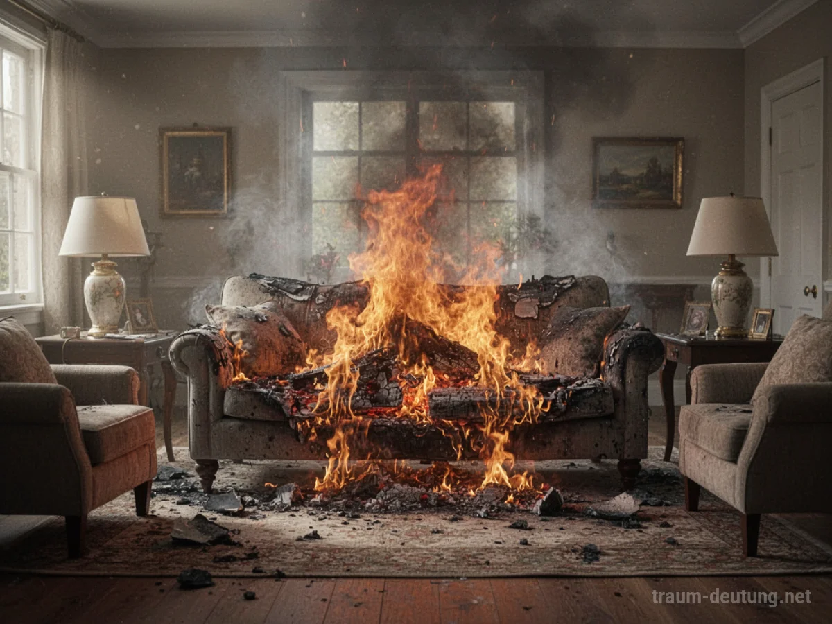 Eine Couch steht in Flammen, umgeben von einem ansonsten intakten Wohnzimmer.