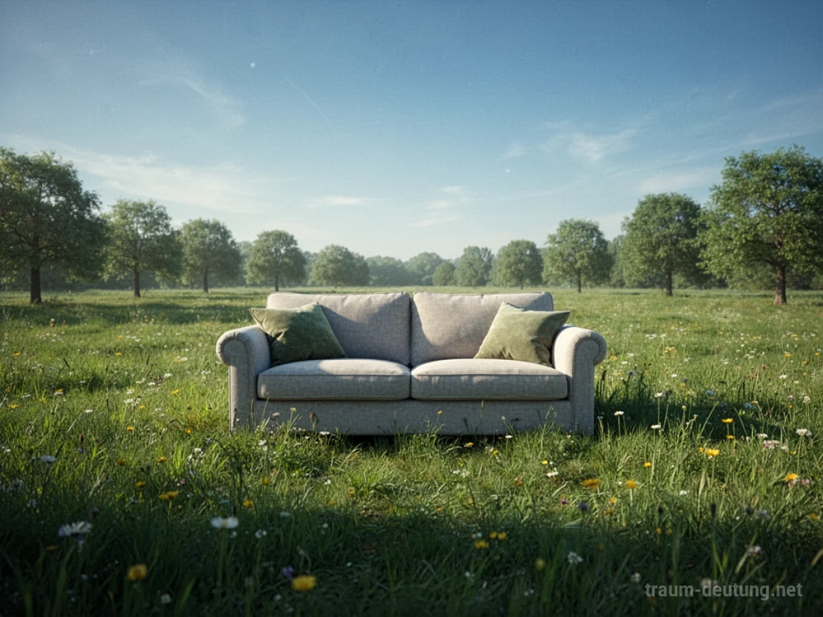 Couch steht allein auf einer grünen Wiese unter blauem Himmel.