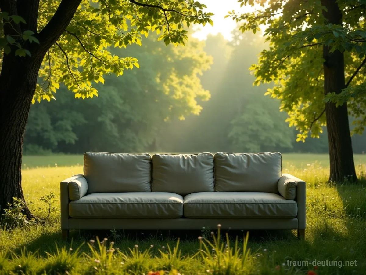 Eine Couch steht auf einer Lichtung im Wald.