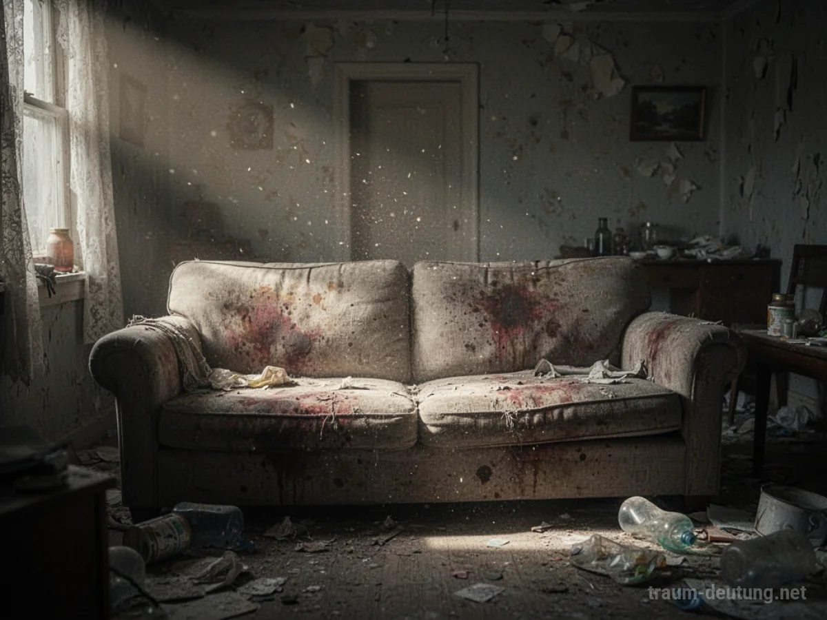Eine abgenutzte, fleckige Couch in einem unordentlichen Raum.