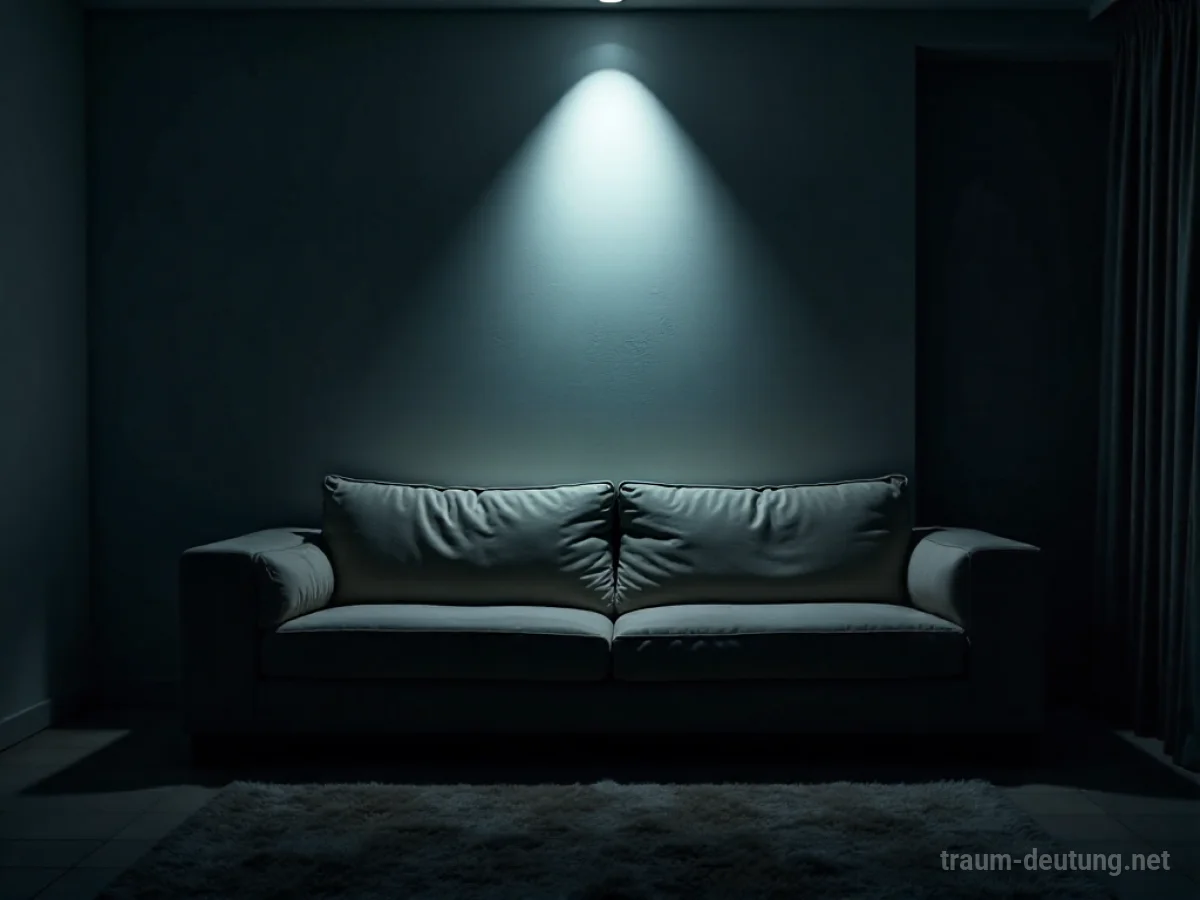 Eine leere Couch in einem schwach beleuchteten Raum.