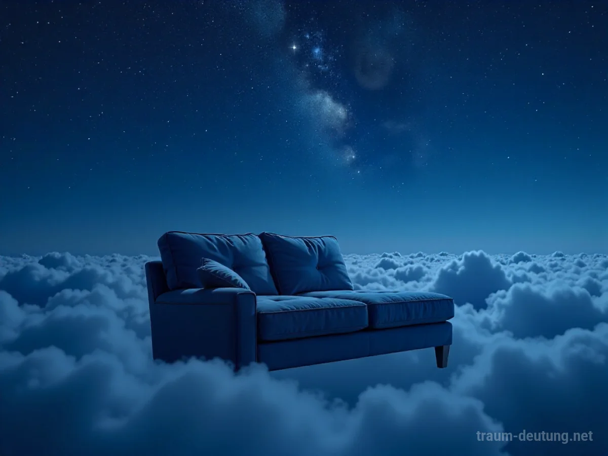 Eine Couch schwebt im Sternenhimmel.