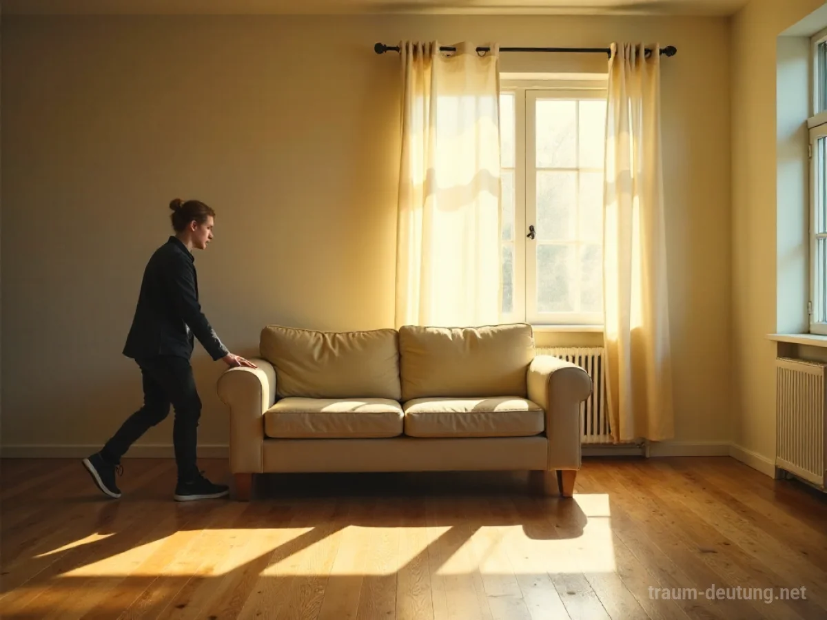 Eine Couch wird in einem leeren Raum von einer Person umgestellt.