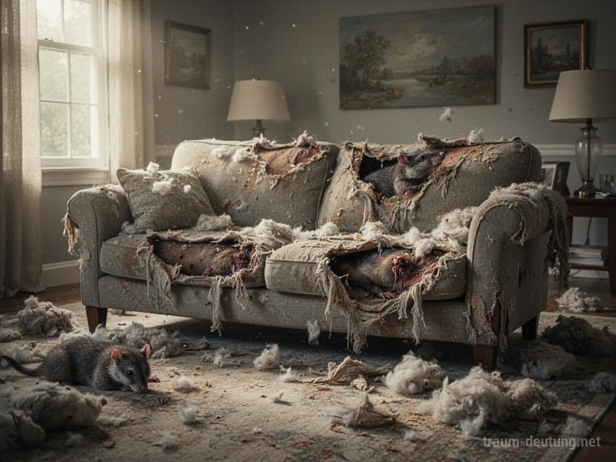 Eine Couch, die von Tieren zerstört wurde, mit Stofffetzen und Füllung auf dem Boden.