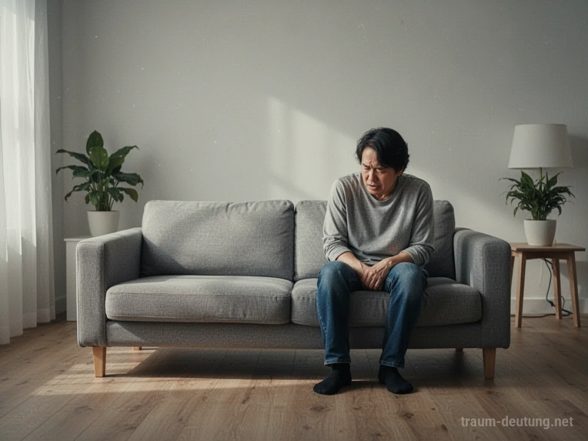 Eine Person betrachtet unbehaglich eine zu kleine Couch in einem schlichten Raum.