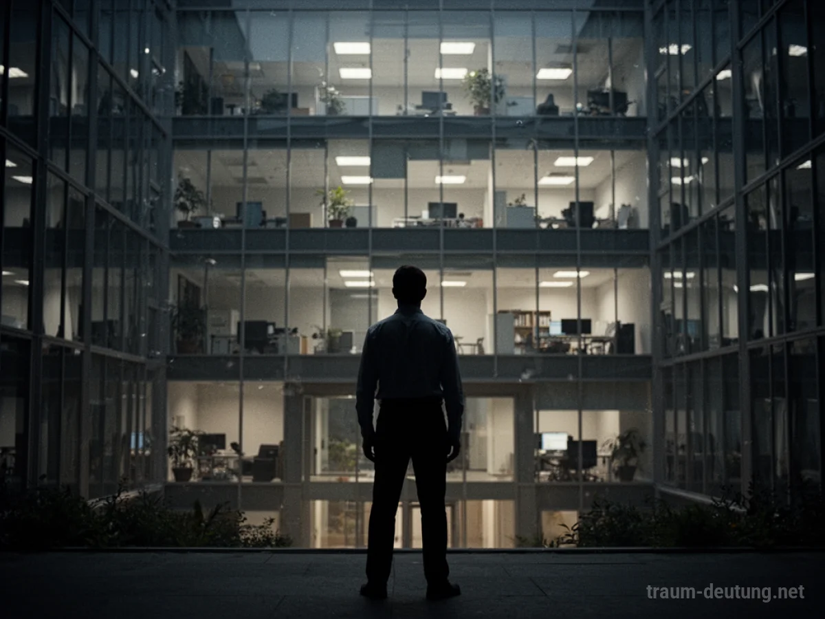 Silhouette einer Person steht vor einem Bürogebäude, blickt zurück.