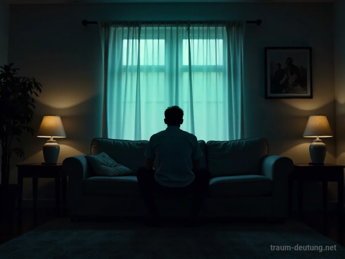 Silhouette einer unbekannten Person sitzt auf einer Couch in einem dunklen Raum.