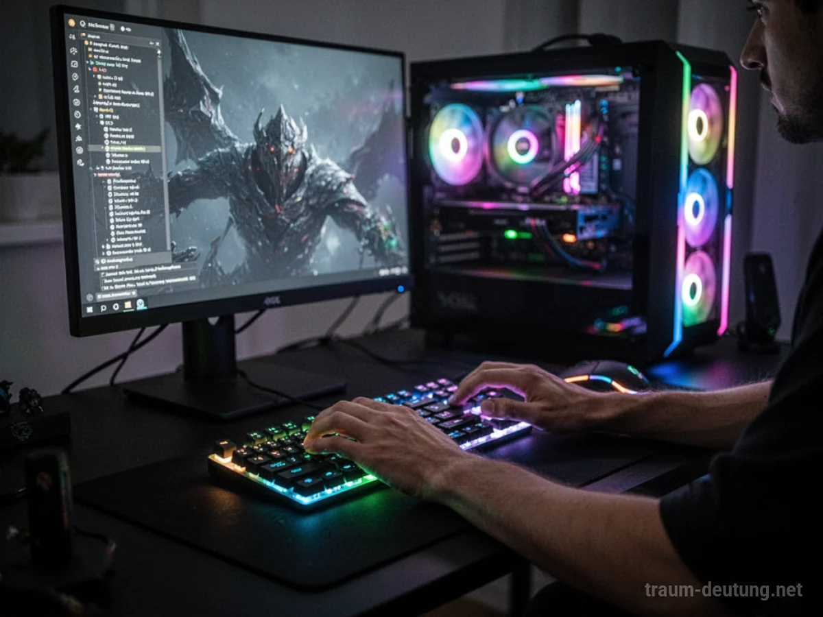 Hände tippen auf einer Tastatur vor einem leuchtenden Gaming-PC