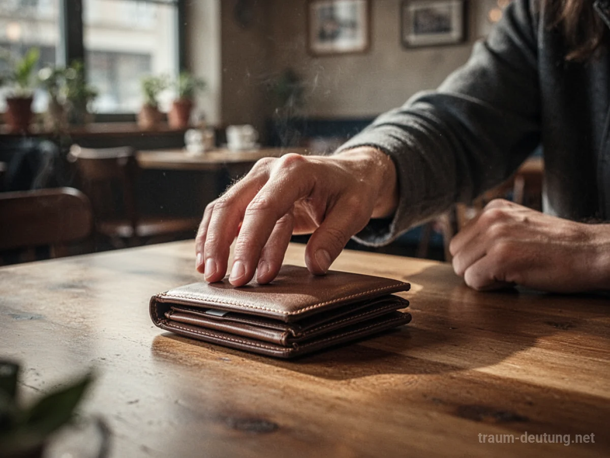 Eine Hand greift nach einer Geldbörse auf einem Tisch in einem gemütlichen Café.