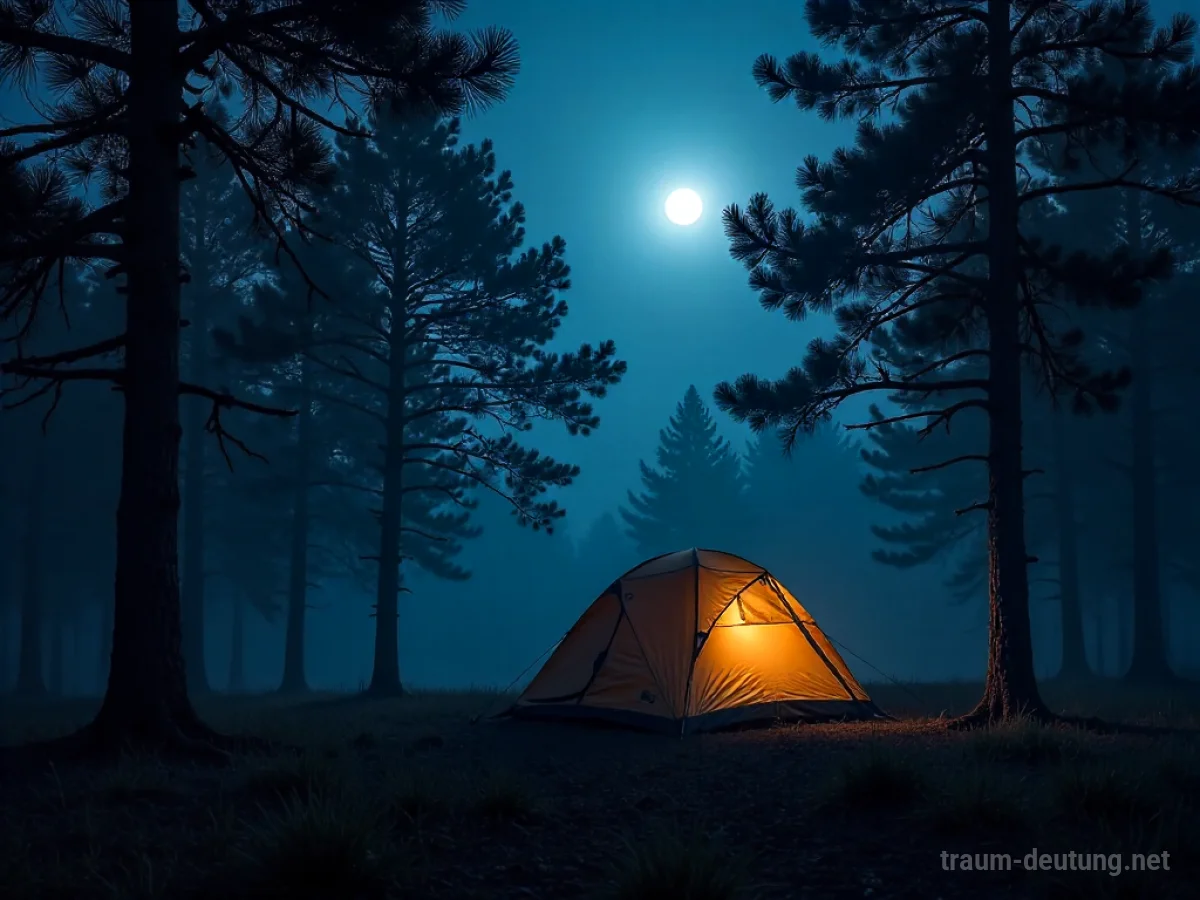 Ein Zelt im Dunkeln bei Nacht, umgeben von unheimlichen Schatten im Wald.