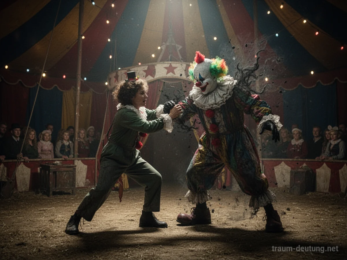 Person kämpft gegen einen unheimlichen Clown im Zirkuszelt