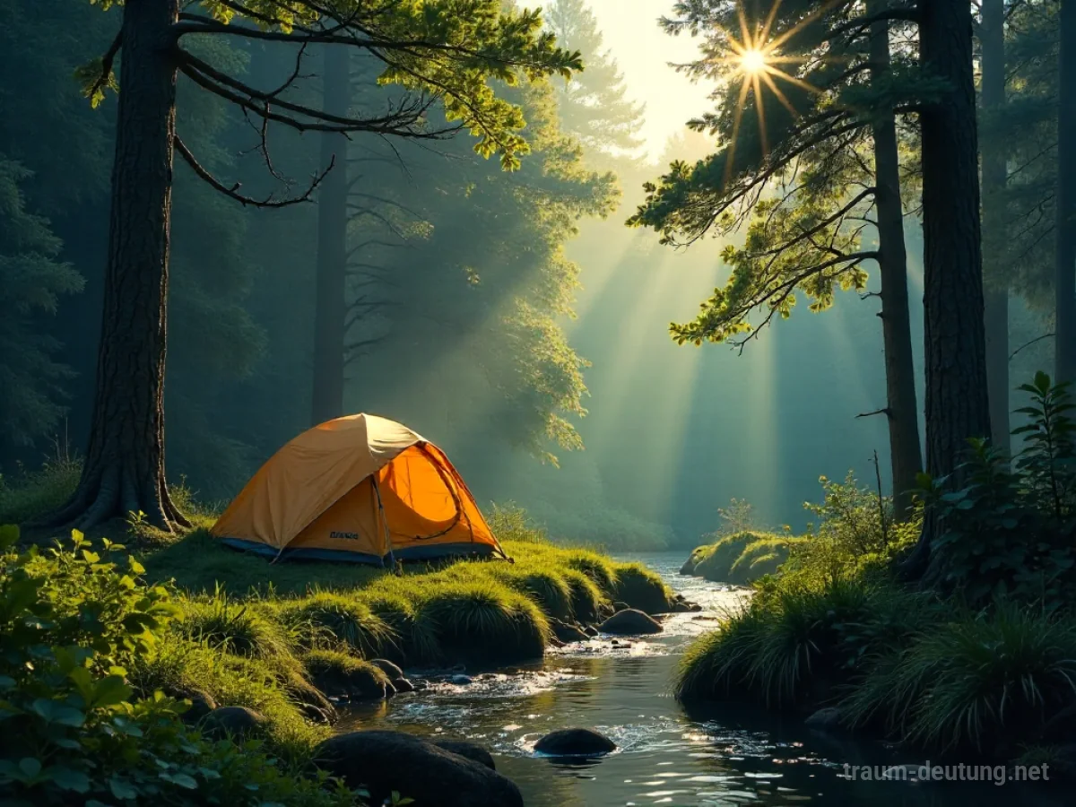 Ein ruhiger Campingplatz im Wald mit einem Zelt neben einem Bach, beleuchtet von Sonnenstrahlen.