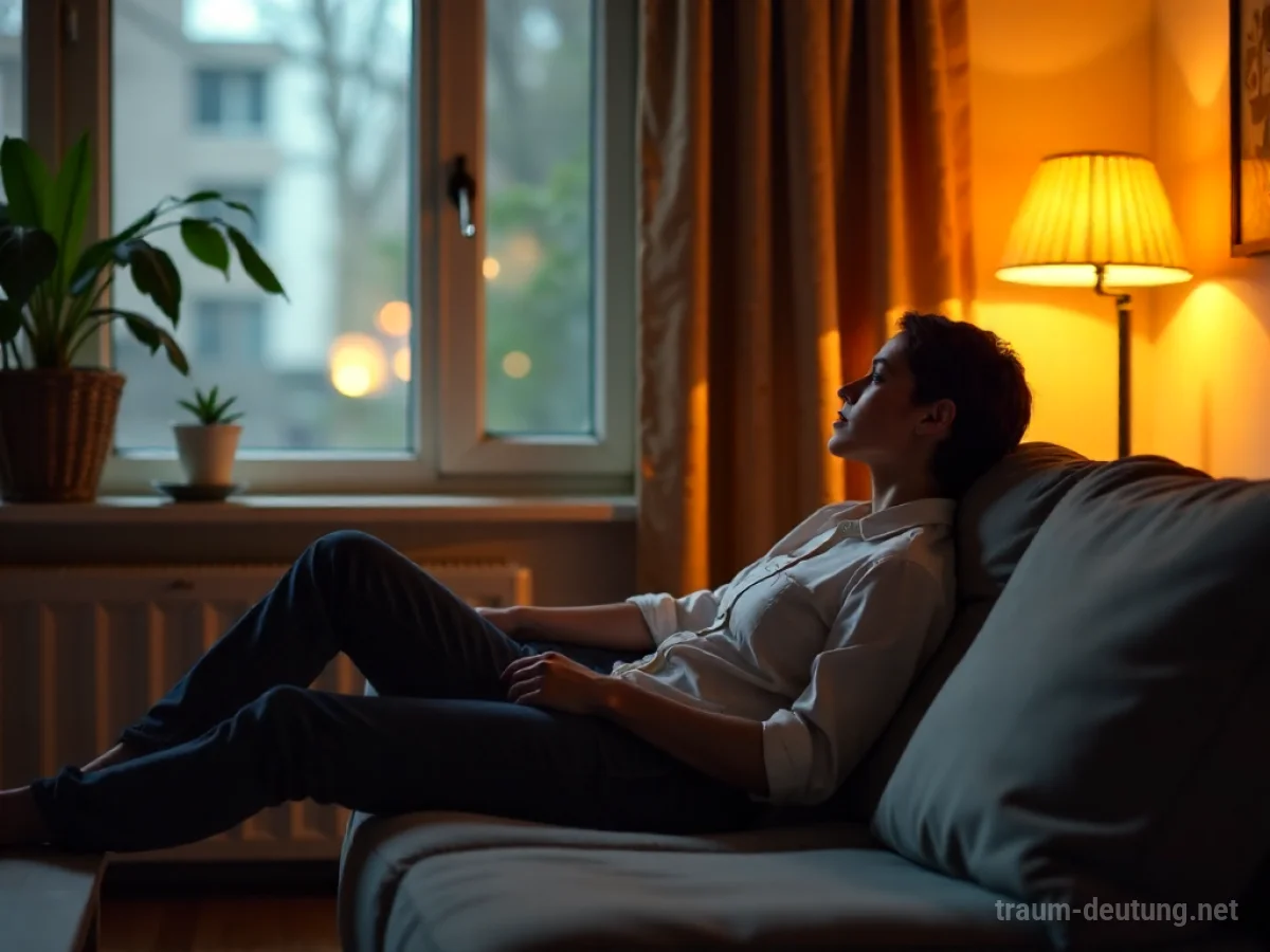 Person entspannt auf einer gemütlichen Couch sitzend