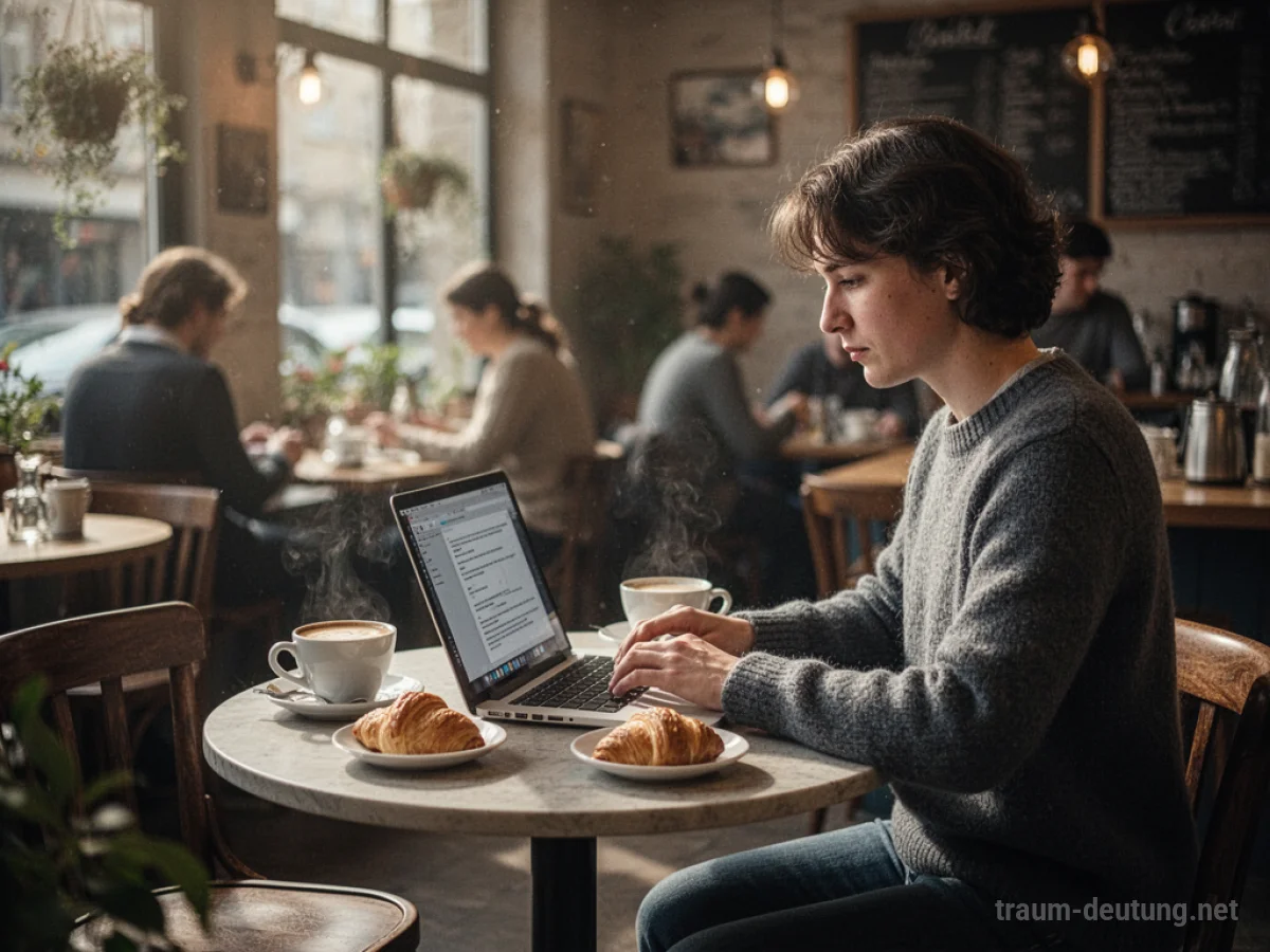Person arbeitet mit Laptop in einem gemütlichen Café