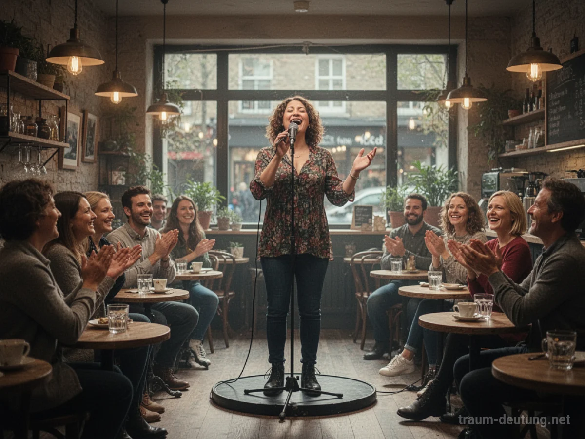 Eine Person singt auf einer Bühne in einem gemütlichen Café vor applaudierendem Publikum.