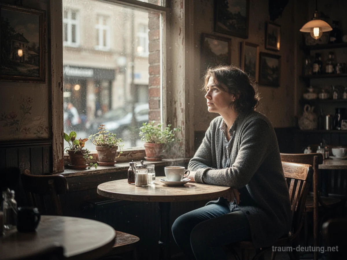 Eine Person sitzt nachdenklich allein an einem Tisch in einem gemütlichen Café.