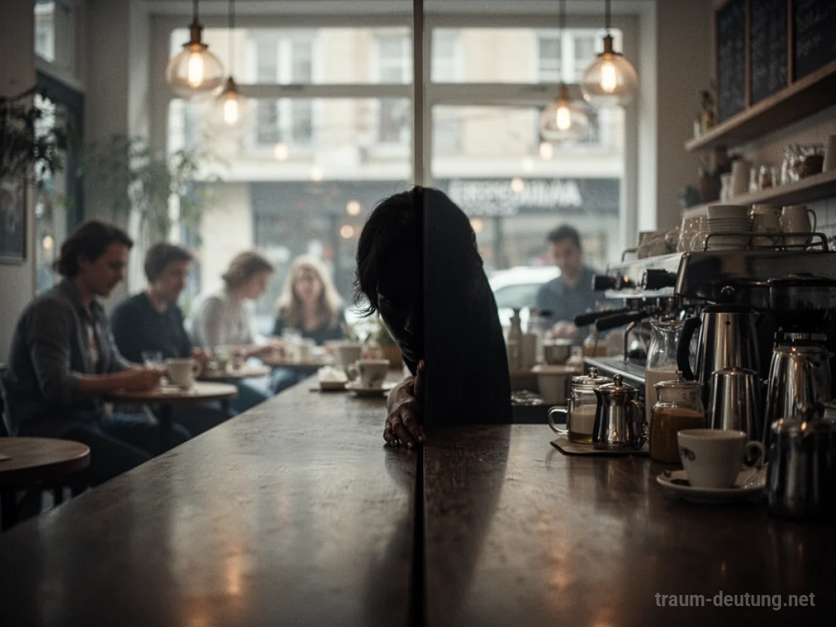 Eine Person versteckt sich hinter der Theke eines Cafés.