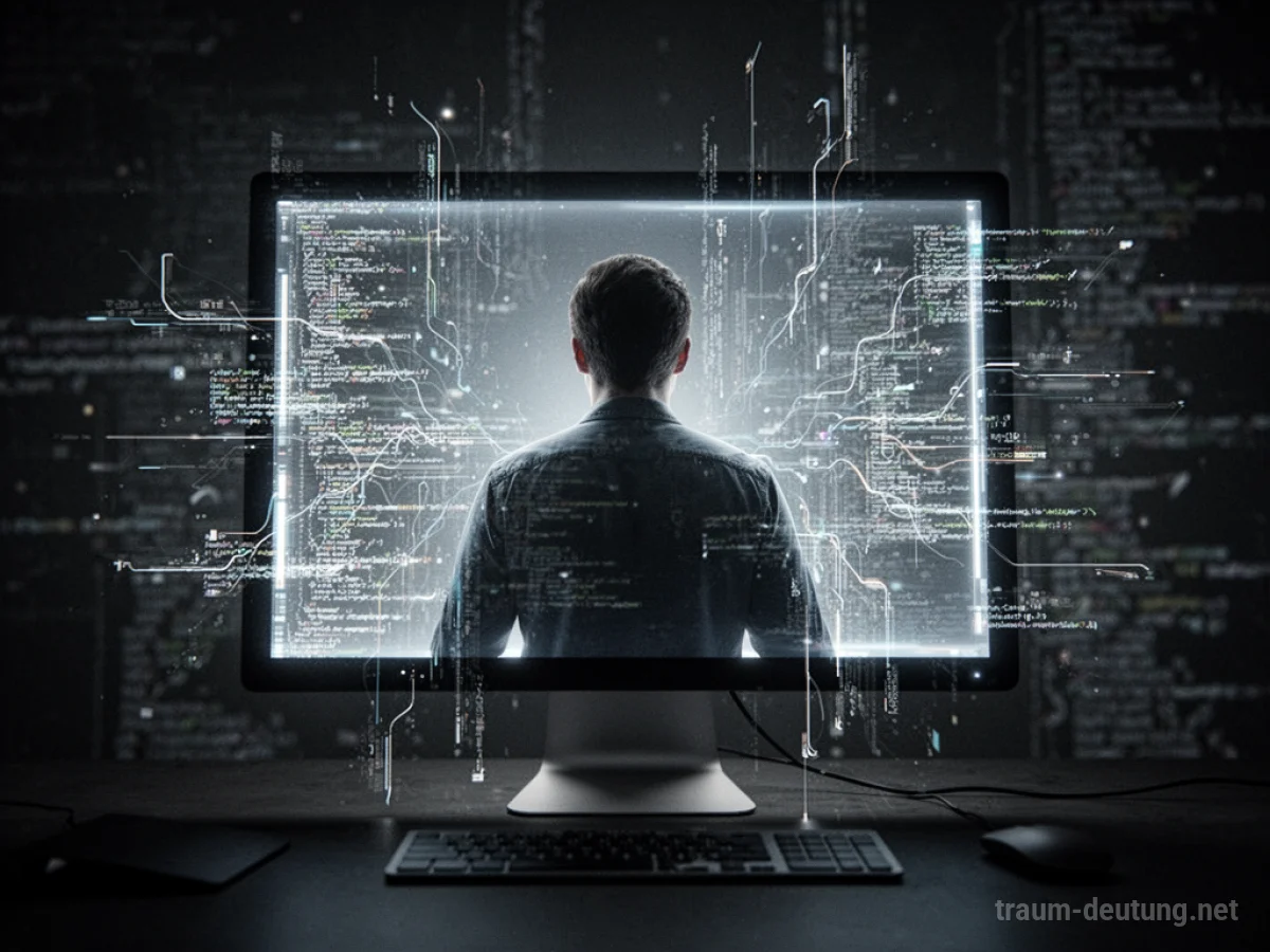 Silhouette einer Person, gefangen im Inneren eines leuchtenden Computerbildschirms.