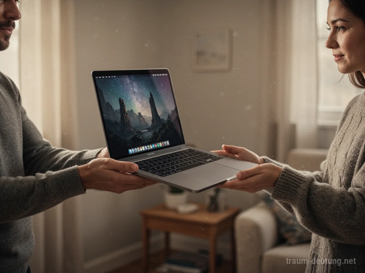 Hand reicht einen modernen Computer als Geschenk.