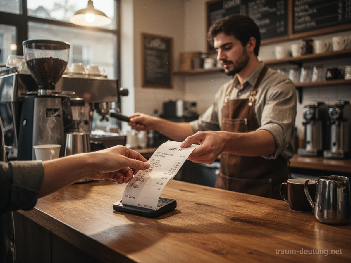 Eine Hand bestellt einen Kaffee am Tresen eines Cafés.