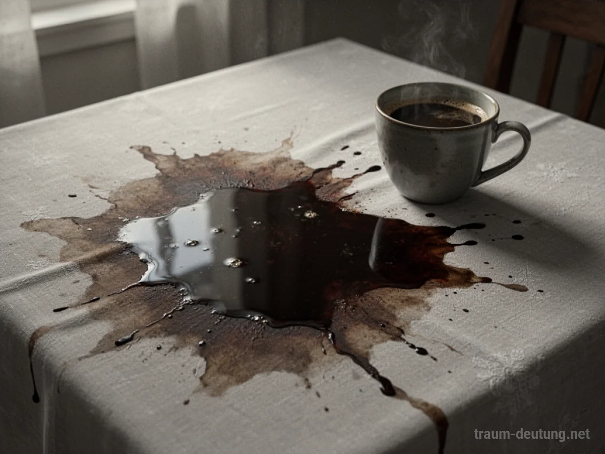 Ein verschütteter Kaffee bildet einen dunklen Fleck auf hellem Stoff neben einer Tasse.