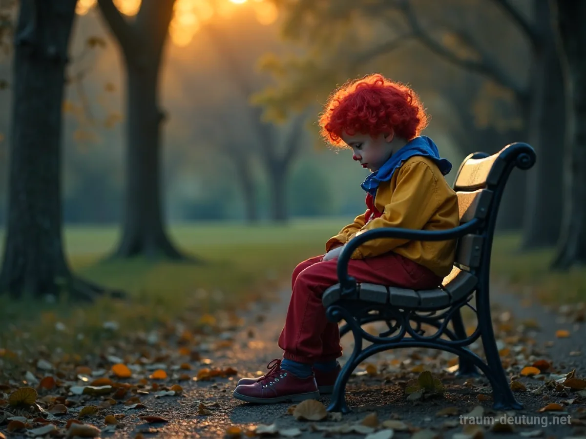 Kind, das als trauriger Clown verkleidet ist und alleine auf einer Parkbank sitzt.