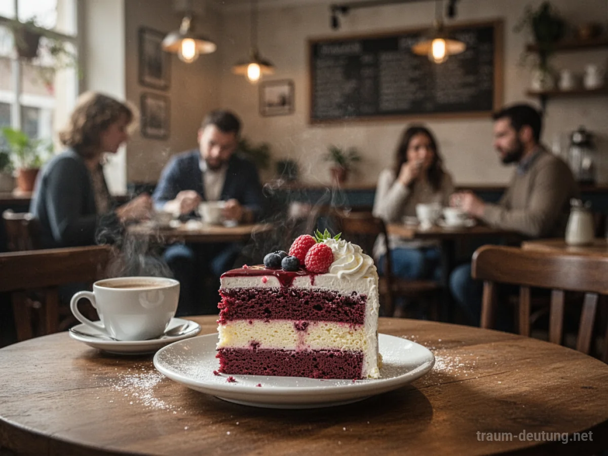Ein Kuchenteller auf einem Tisch in einem gemütlichen Café, im Hintergrund sind Menschen zu sehen.