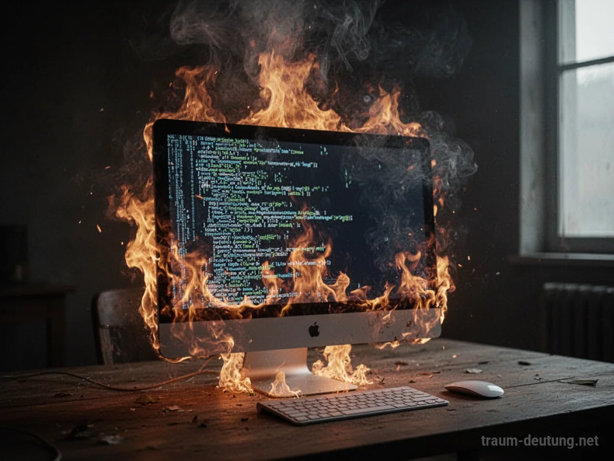 Ein Computer, der im Traum brennt und dessen Bildschirm digitale Fragmente zeigt.