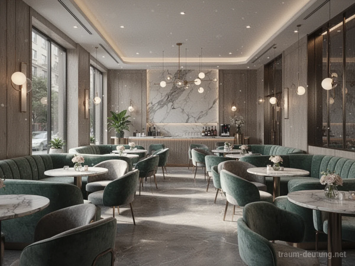 Interieur eines schicken, modernen Luxus-Cafés mit bequemen Sitzgelegenheiten und stilvoller Einrichtung.