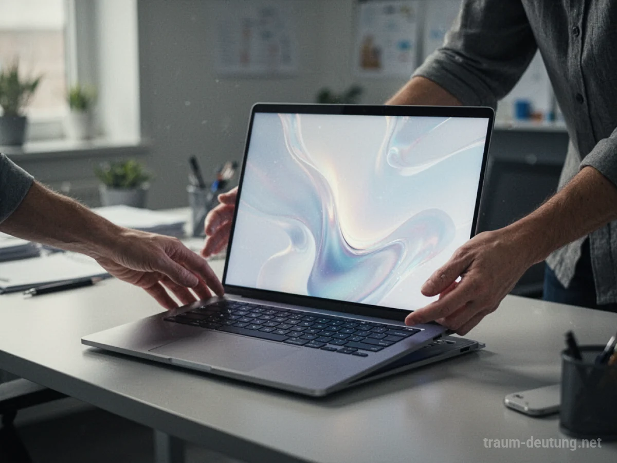 Hände legen einen neuen Laptop auf einen Schreibtisch.
