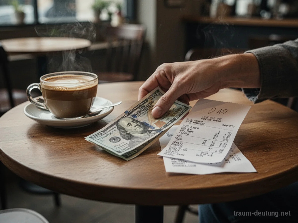 Hand legt Geld auf Tisch im Café neben einer Rechnung.