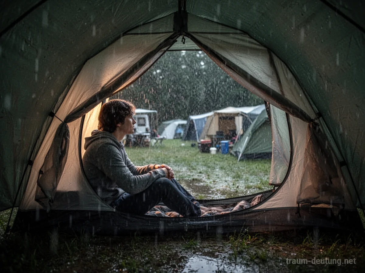 Eine Person sitzt im Zelt und blickt auf starken Regen, der auf das Campinggelände fällt.