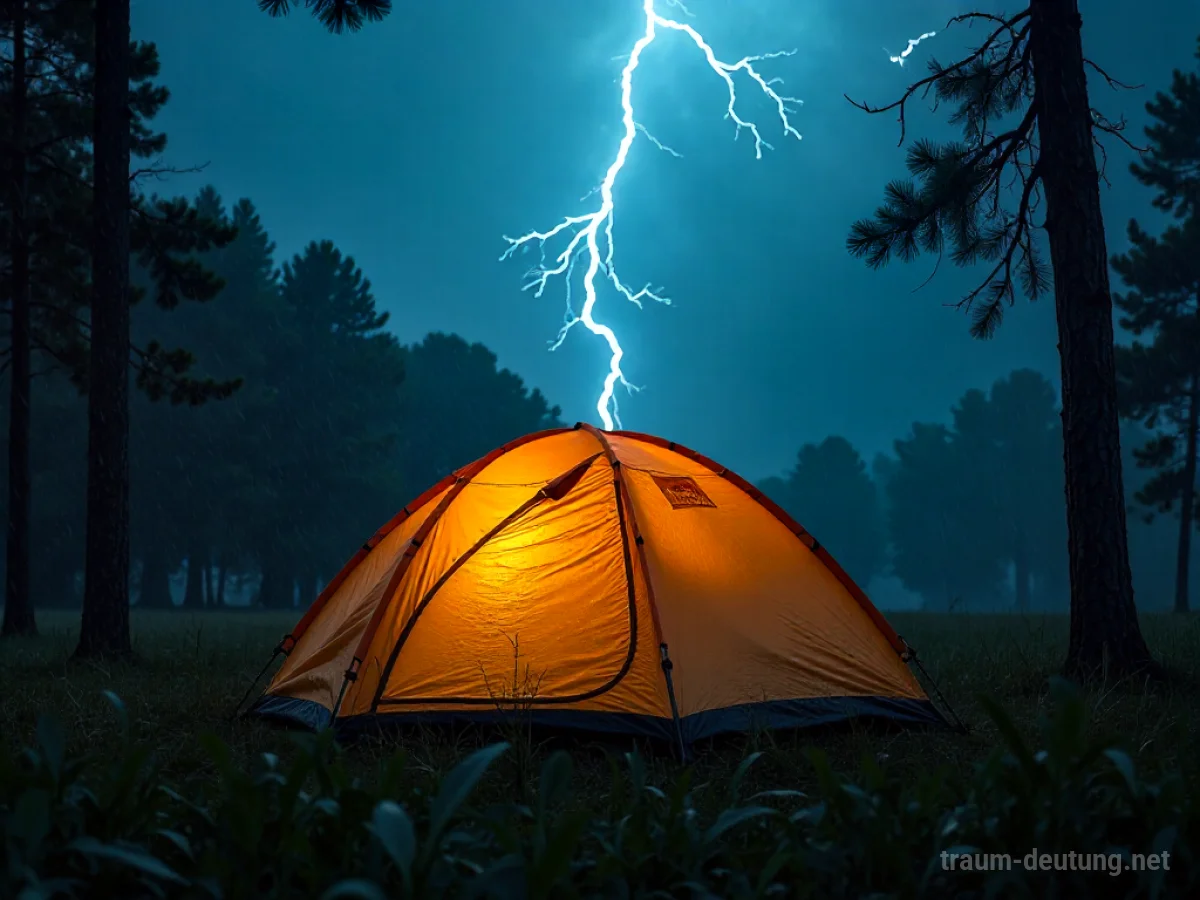 Zelt im Sturm beim Campen mit Regen und Blitz