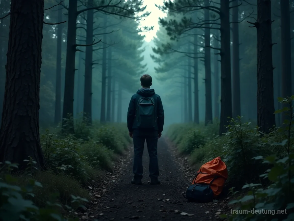 Person sucht im Wald verstreute Campingausrüstung.