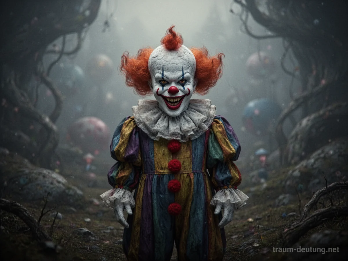 Ein unheimlicher Clown steht in einer traumhaften, diffusen Landschaft und blickt bedrohlich.