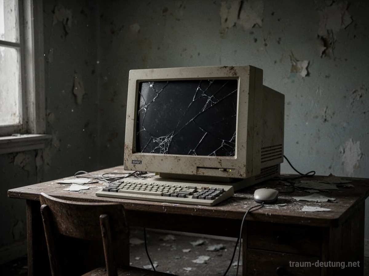 Ein alter, nicht funktionierender Computer steht auf einem Schreibtisch in einem dunklen Raum.