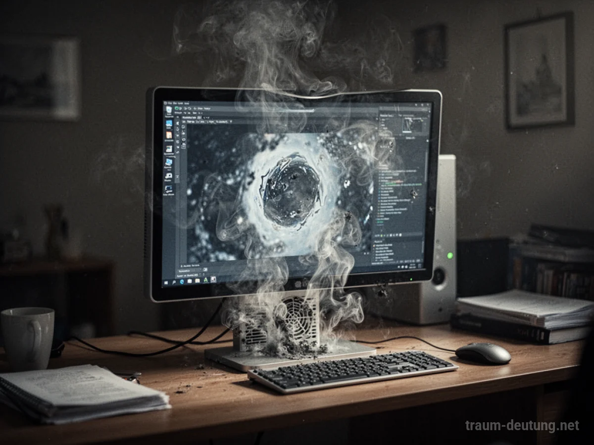 Ein überhitzter Computer mit Rauch, der aus den Lüftungsschlitzen aufsteigt.