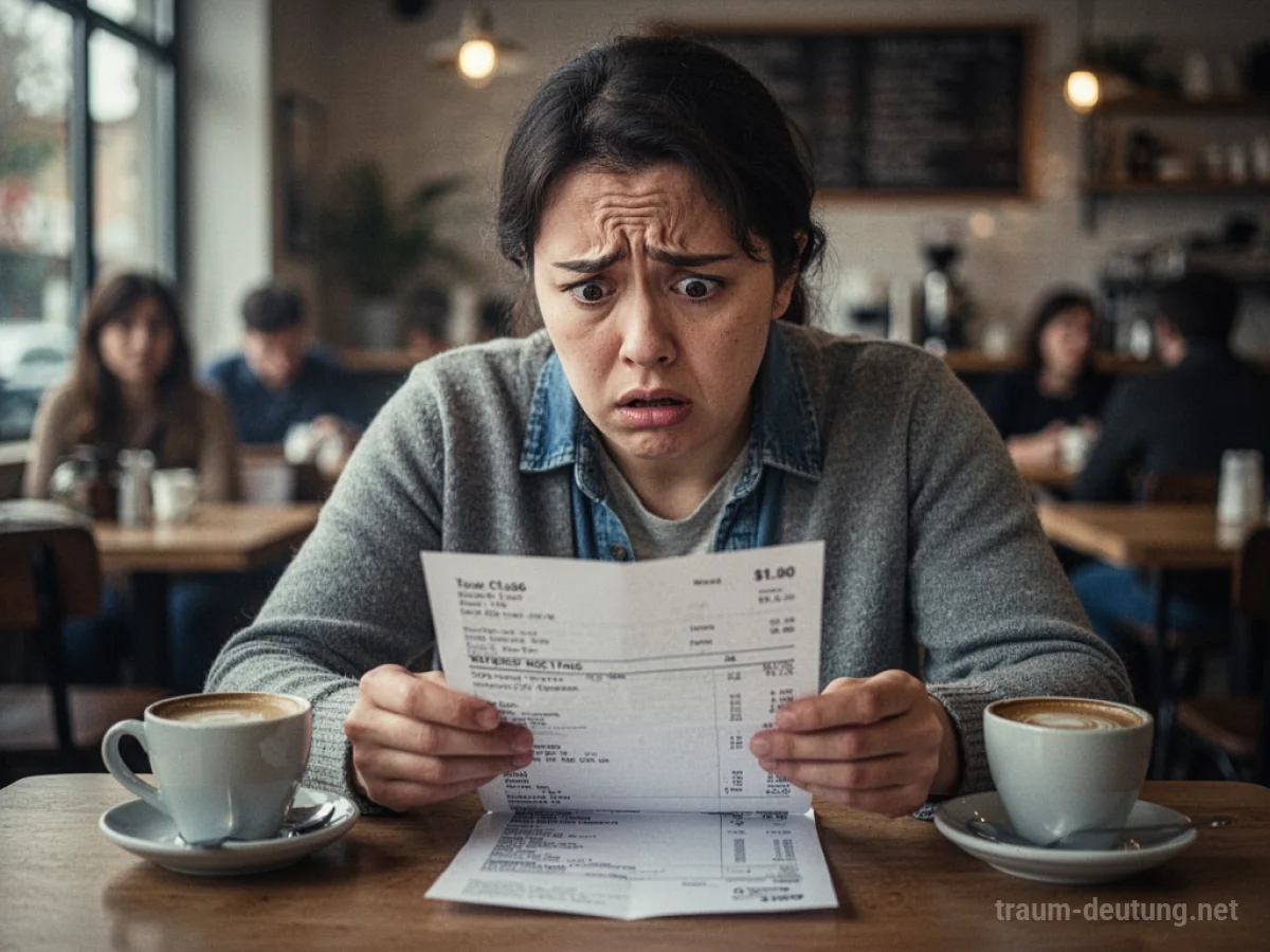 Person blickt besorgt auf eine Rechnung am Cafétisch.