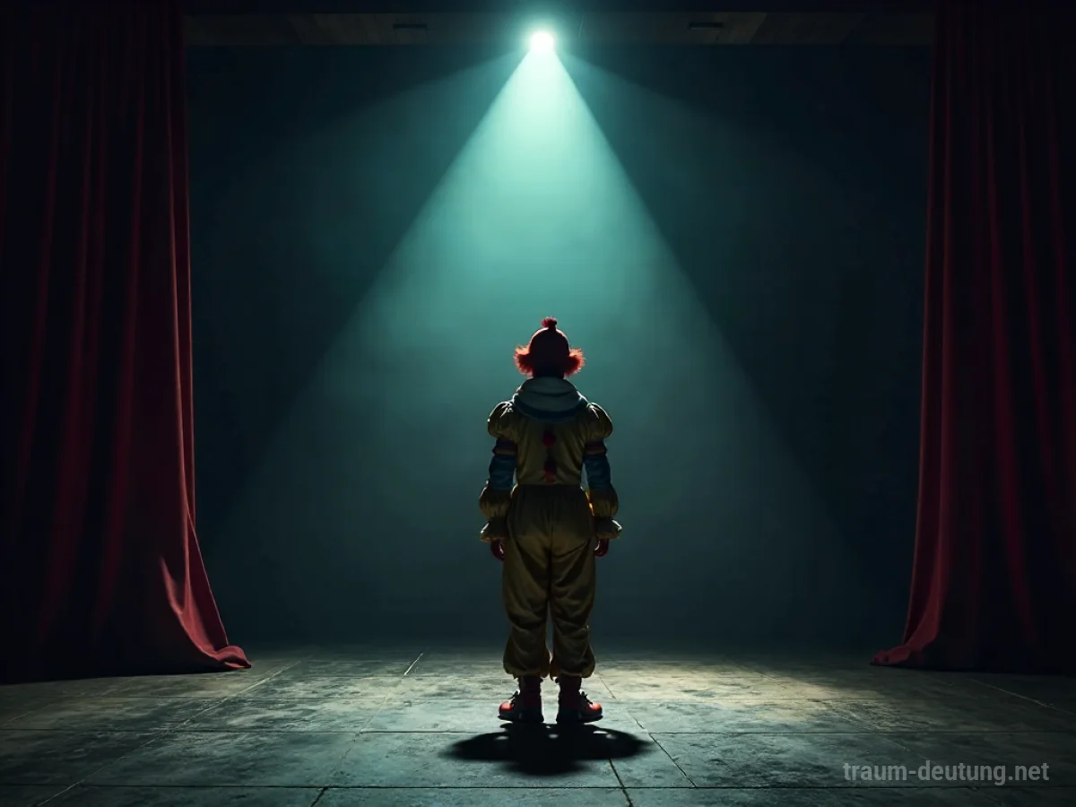 Clown steht allein auf einer leeren Theaterbühne im Scheinwerferlicht.