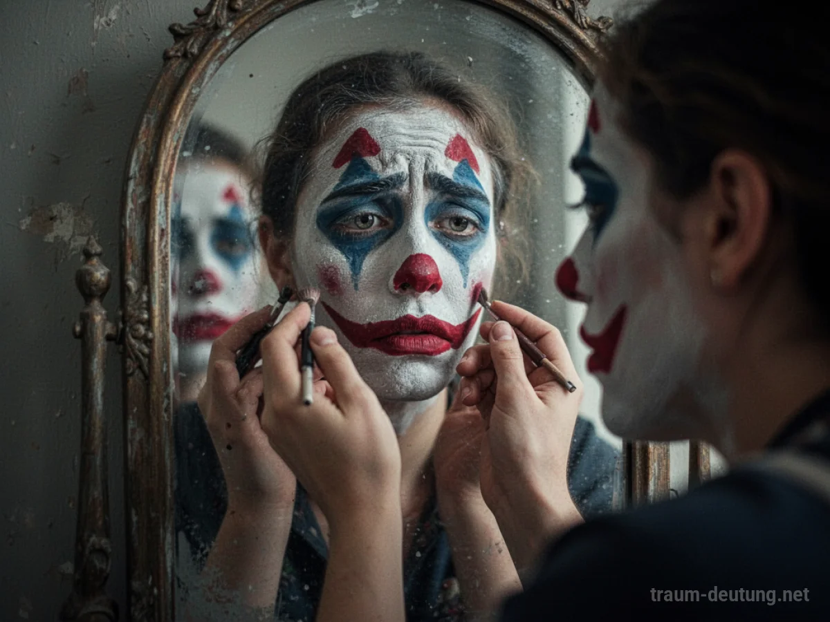Hände schmücken sich mit Clown-Make-up vor einem Spiegel.