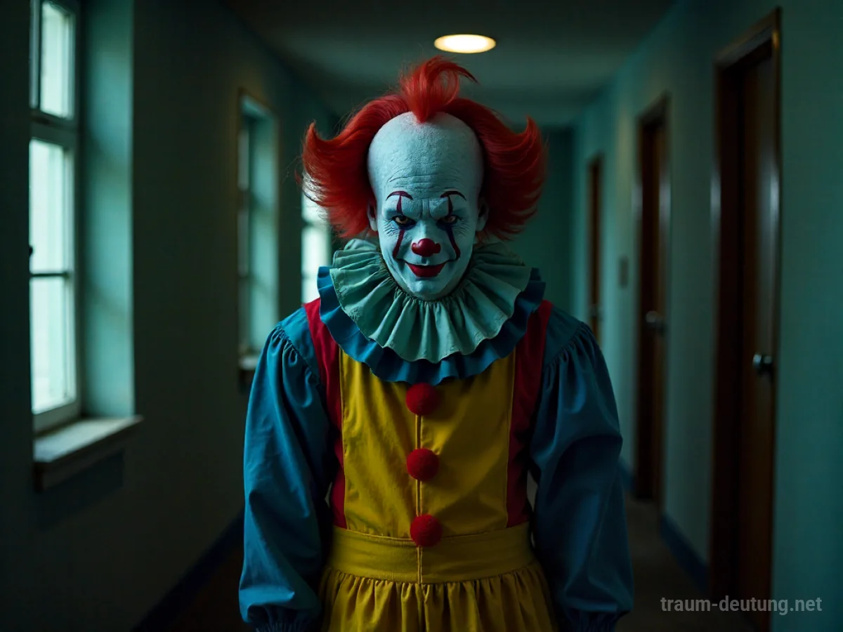 Person im Clownkostüm steht in einem dunklen Raum