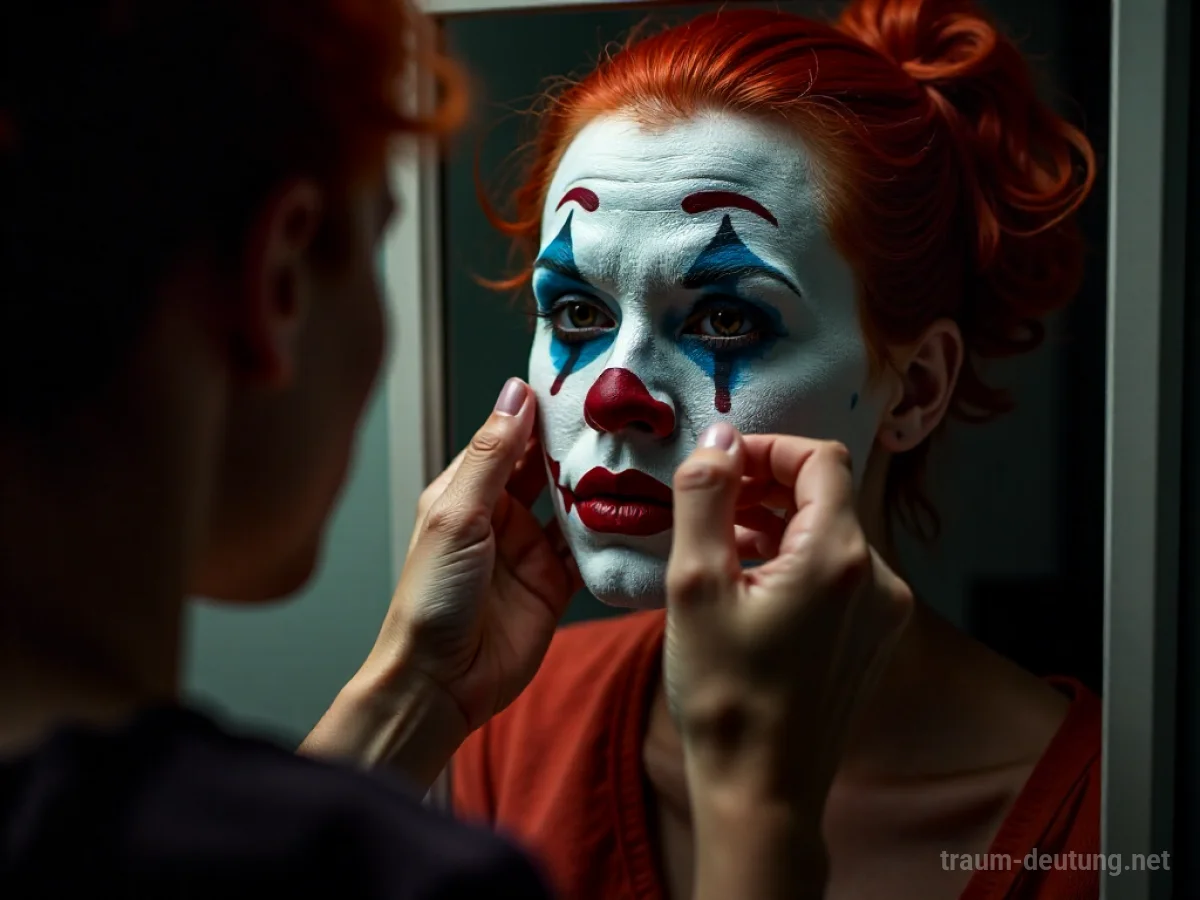 Hände schminken ein Gesicht zu einem Clown vor einem Spiegel