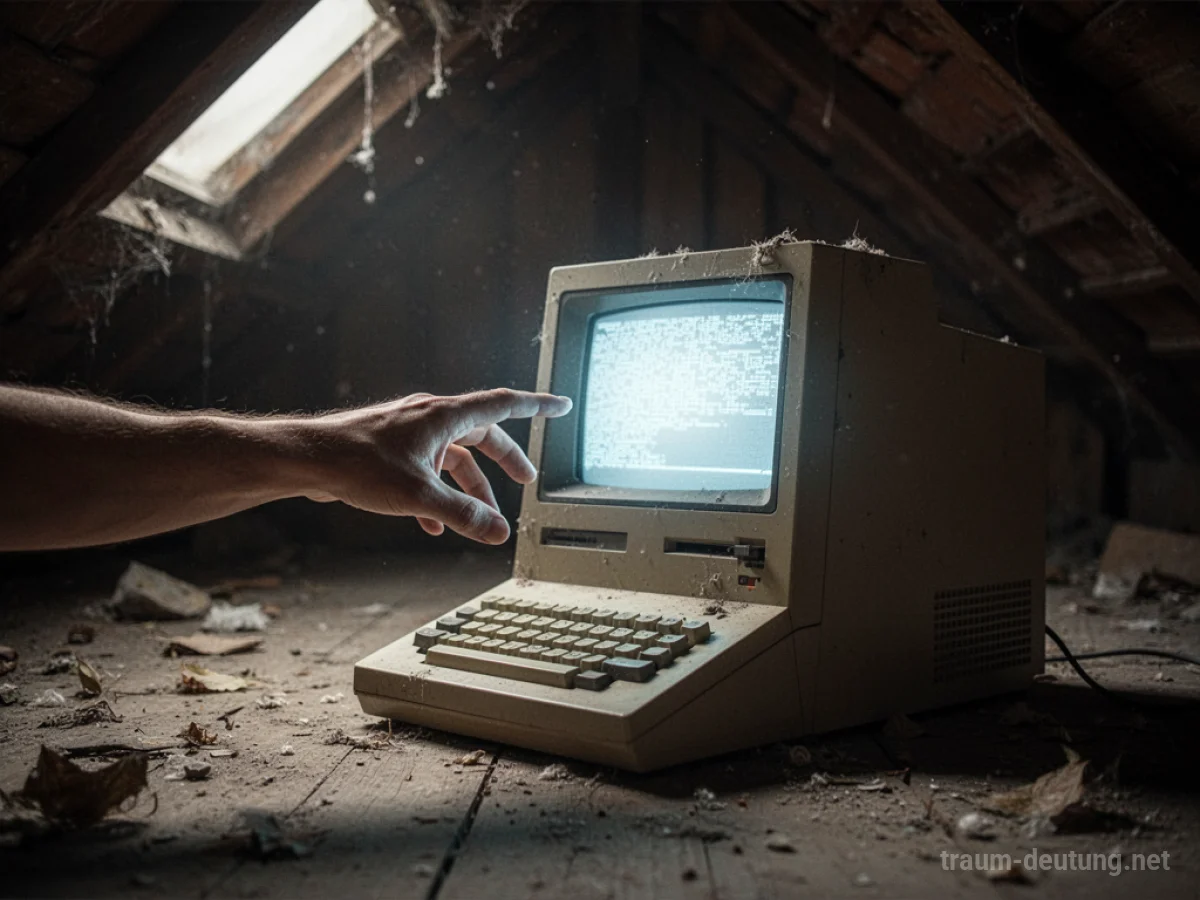 Eine Hand entdeckt einen alten Computer in einem dunklen Raum.