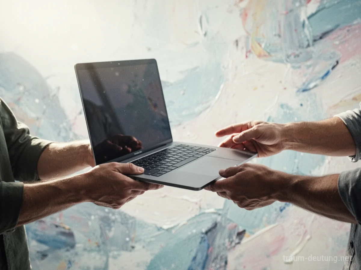 Hände übergeben einen neuen Computer.